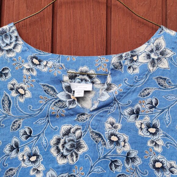 J. JILL | Love Linen Blue Floral 3/4 Sleeve Split Neck Tunic Blouse Coastal LT - Picture 4 of 14